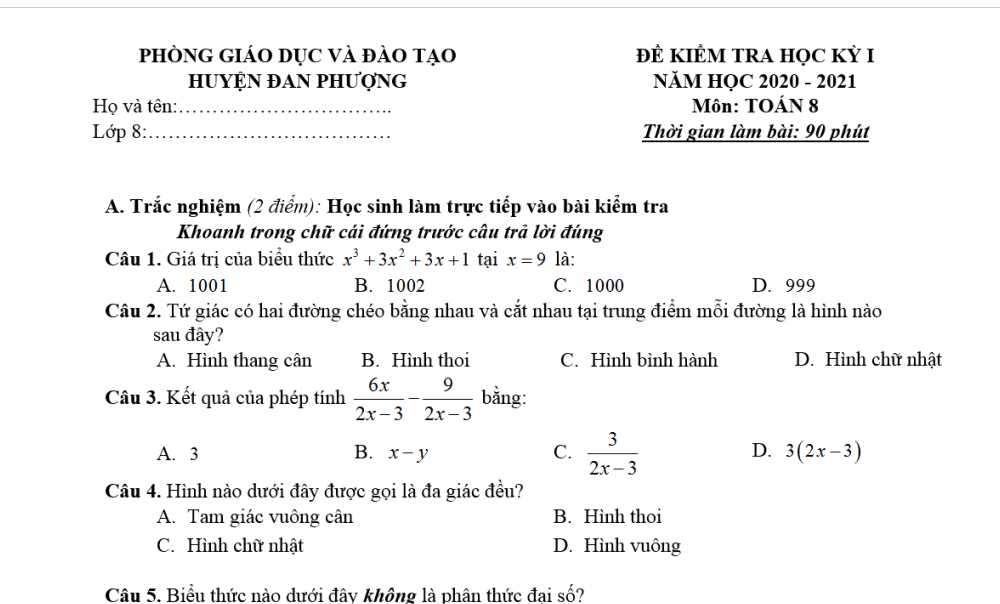 Toán 8-Đề kiểm tra cuối kỳ 1 của Phòng GD&ĐT Đan Phượng năm học 2020-2021